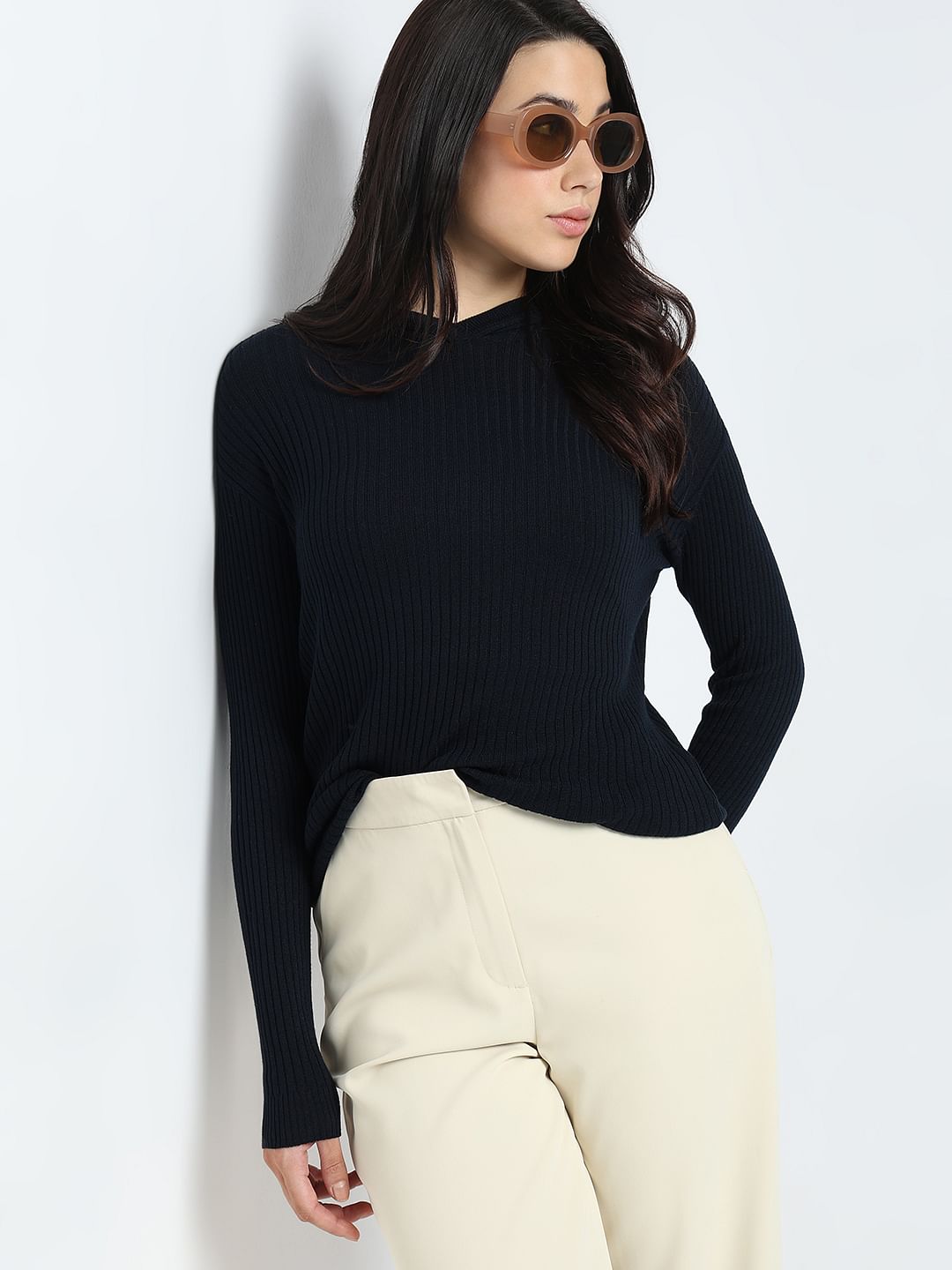 Navy Blue Ribbed Knit Hooded Top