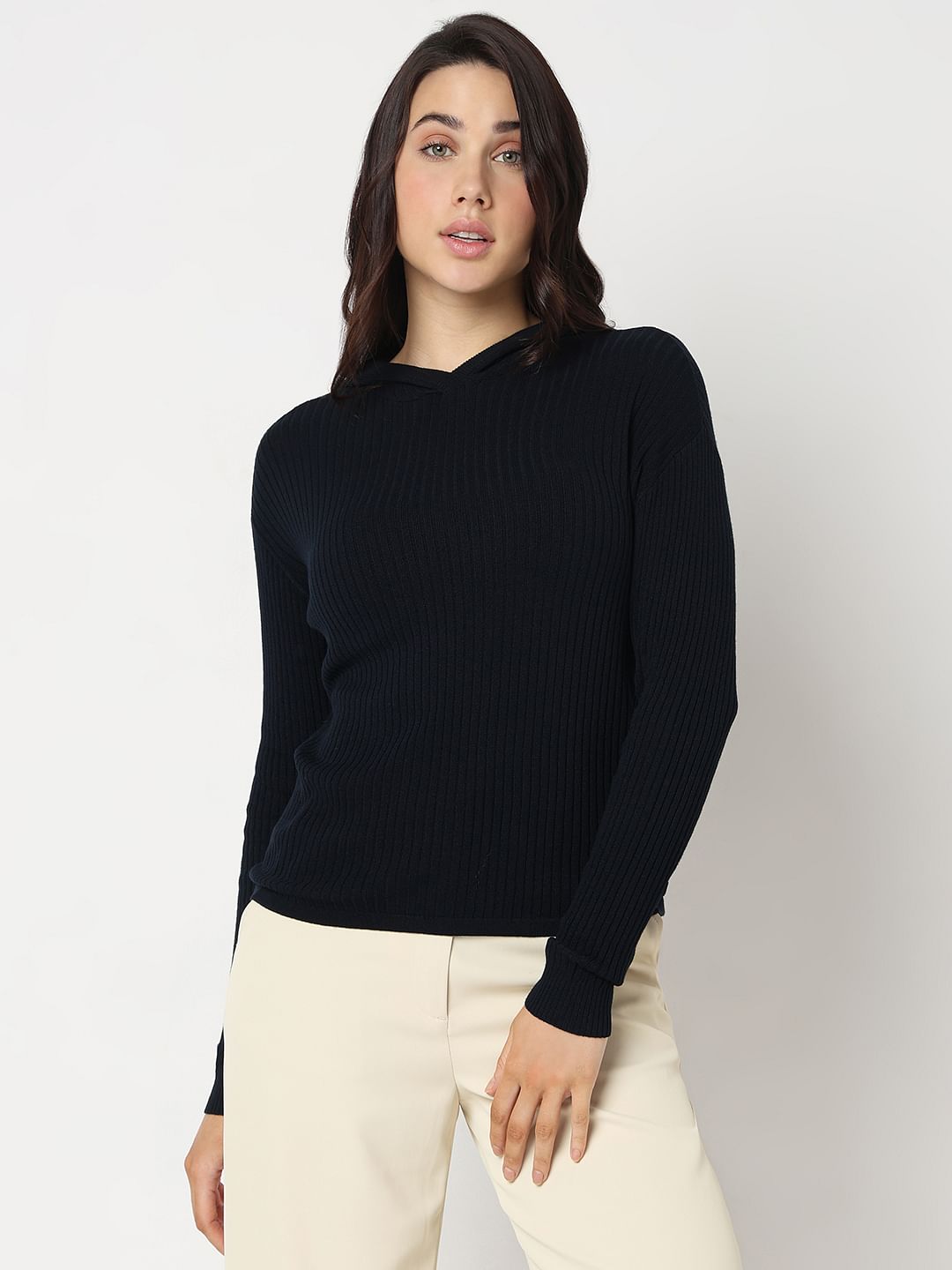 Navy Blue Ribbed Knit Hooded Top