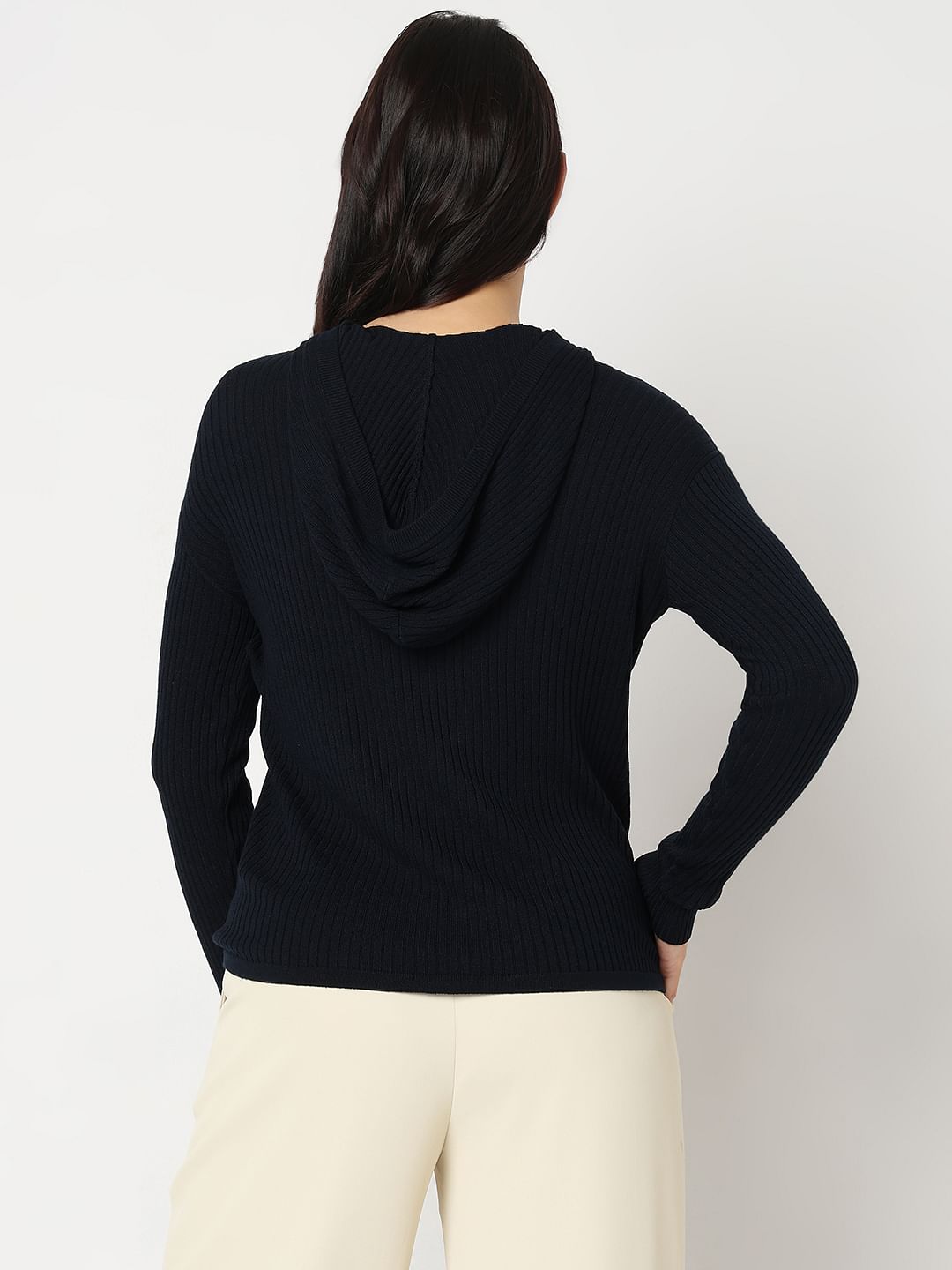 Navy Blue Ribbed Knit Hooded Top