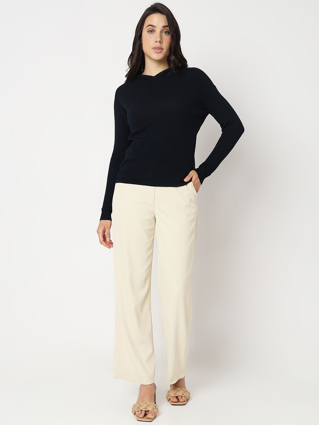 Navy Blue Ribbed Knit Hooded Top