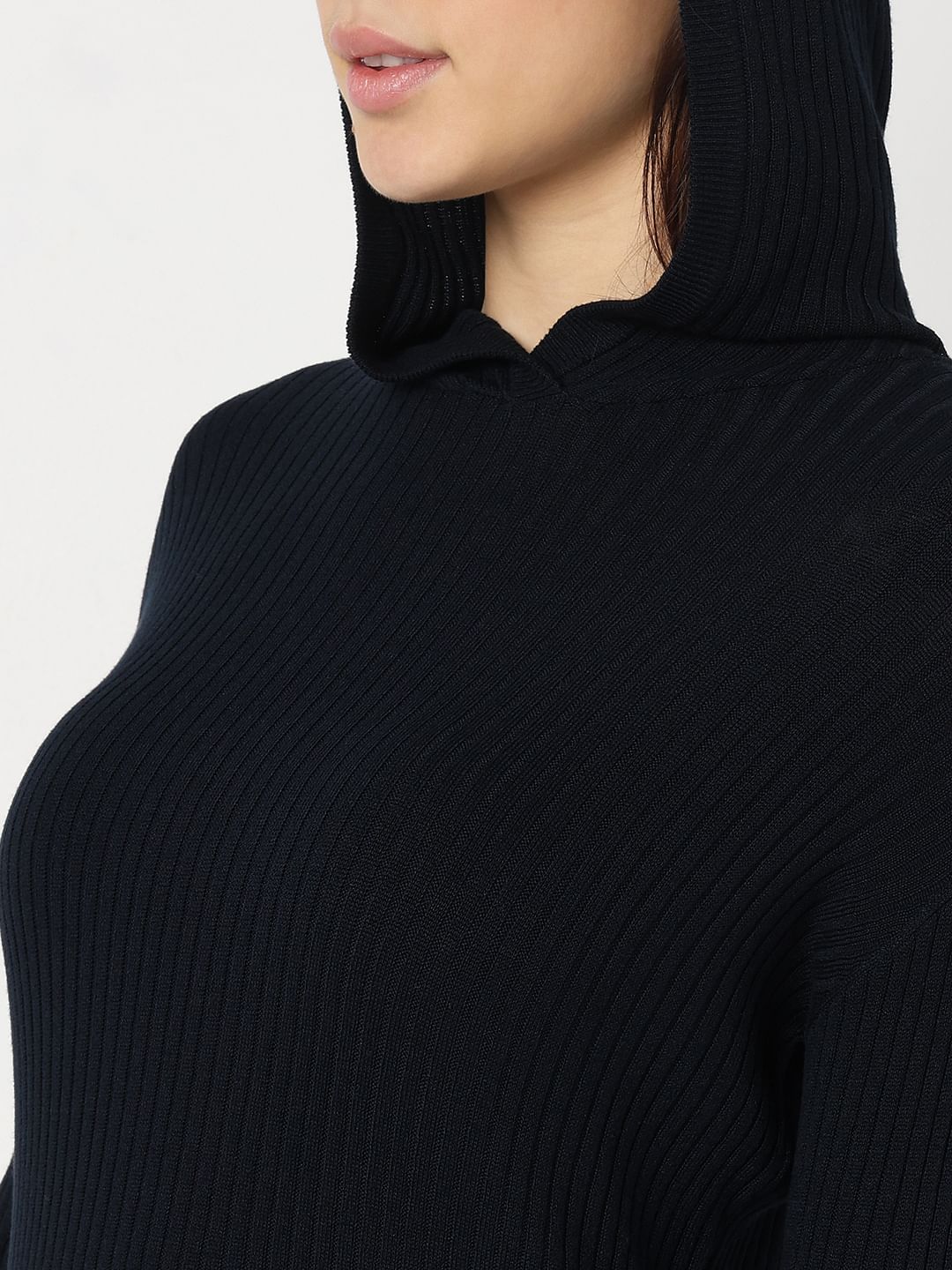 Navy Blue Ribbed Knit Hooded Top