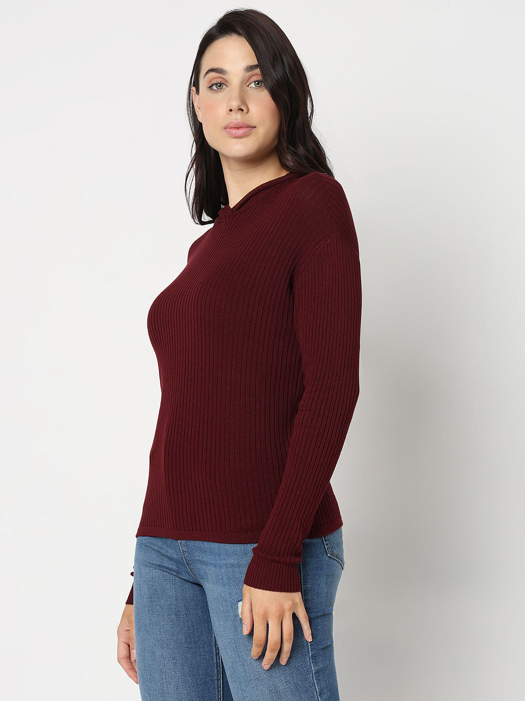 Maroon Ribbed Knit Hooded Top