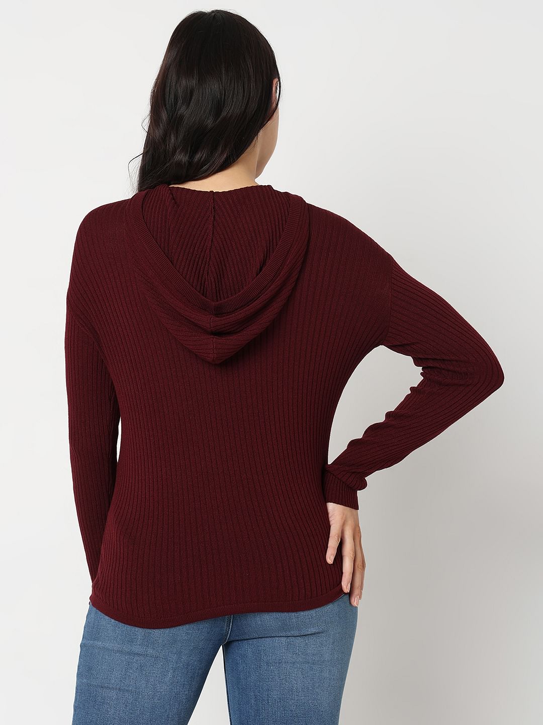 Maroon Ribbed Knit Hooded Top
