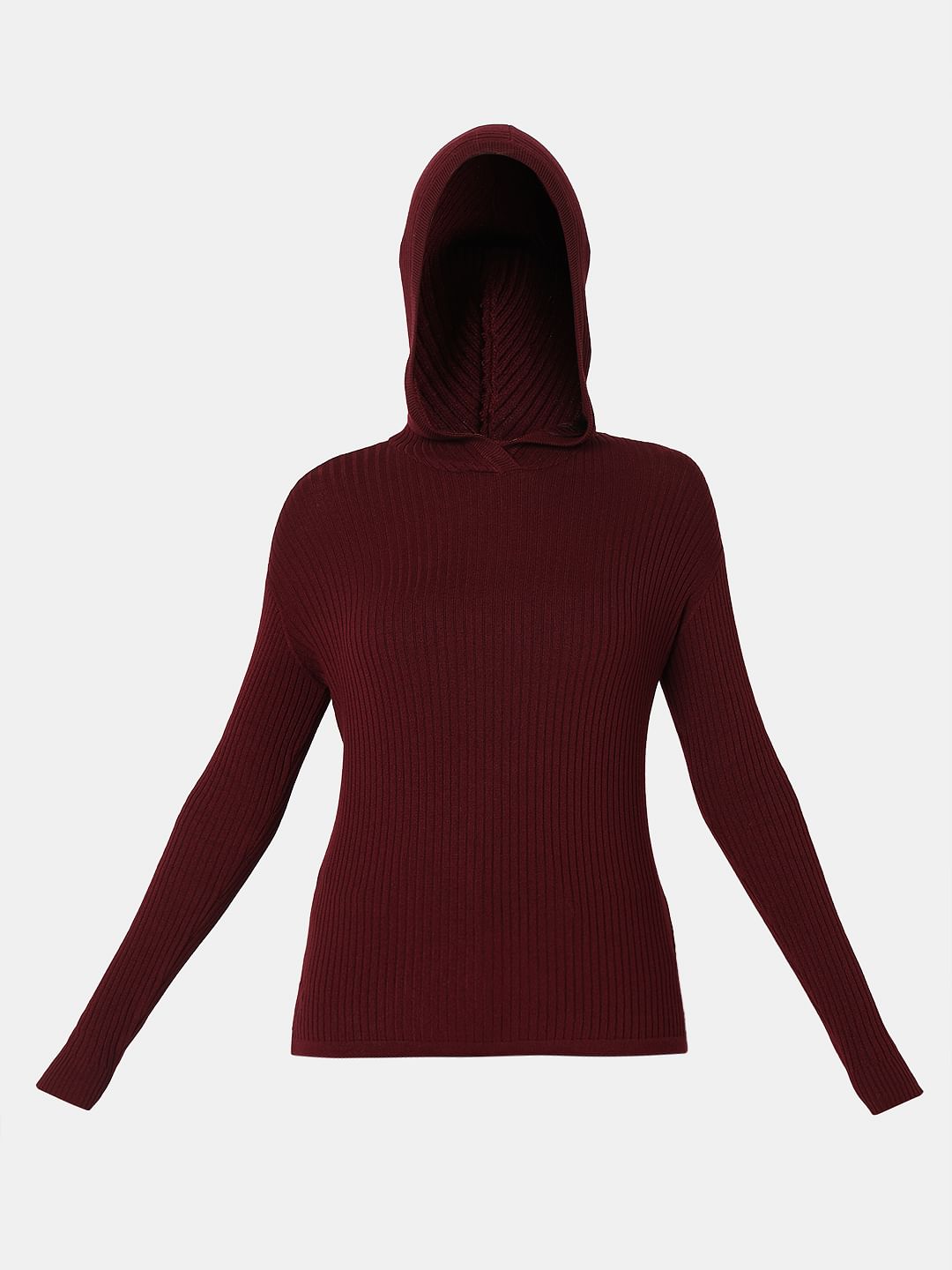 Maroon Ribbed Knit Hooded Top
