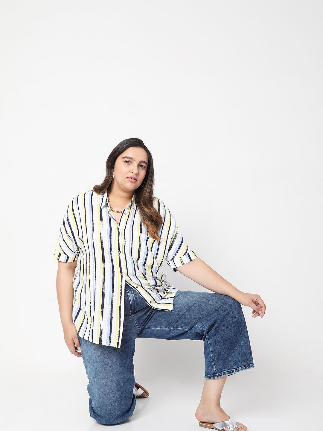 Curve White Asymmetrical Striped Shirt