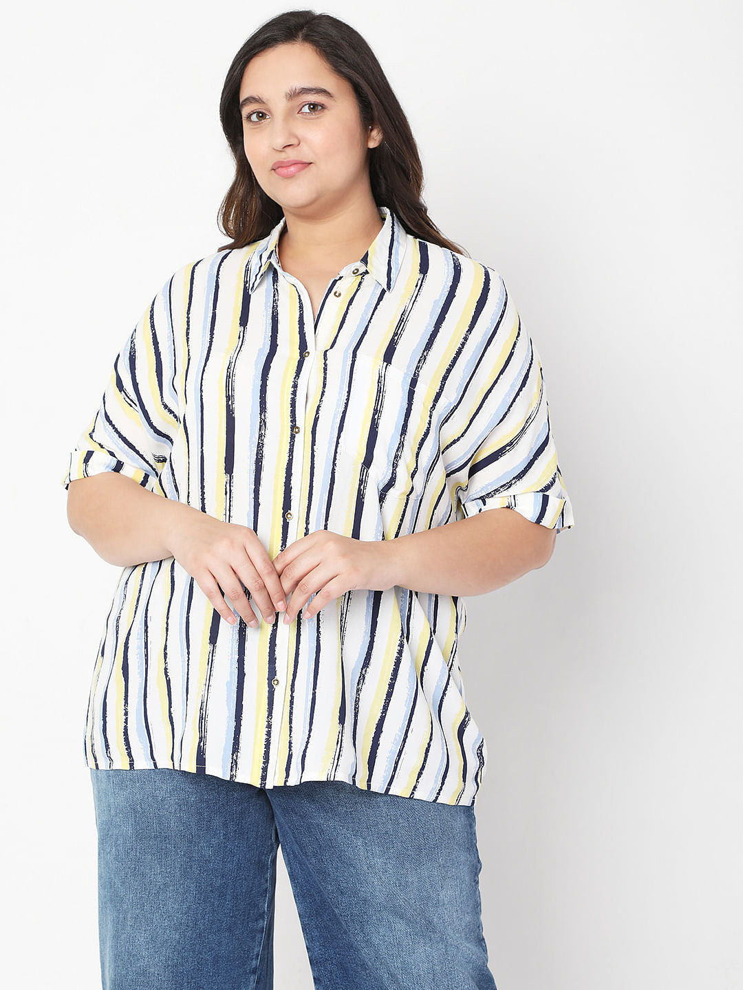 Curve White Asymmetrical Striped Shirt