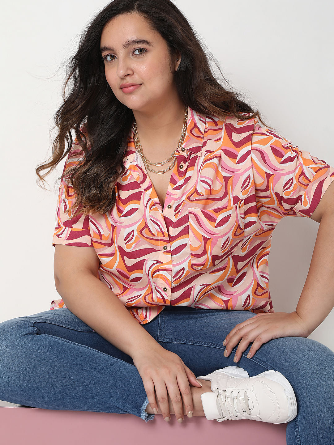 Curve Pink Abstract Print Shirt