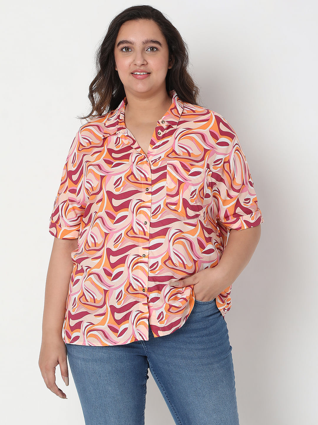 Curve Pink Abstract Print Shirt