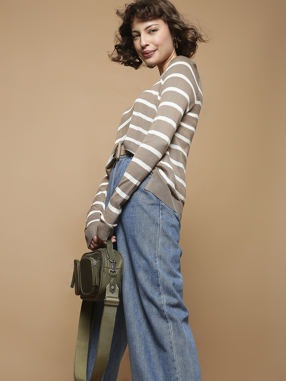 Brown Striped Flat Knit Pullover