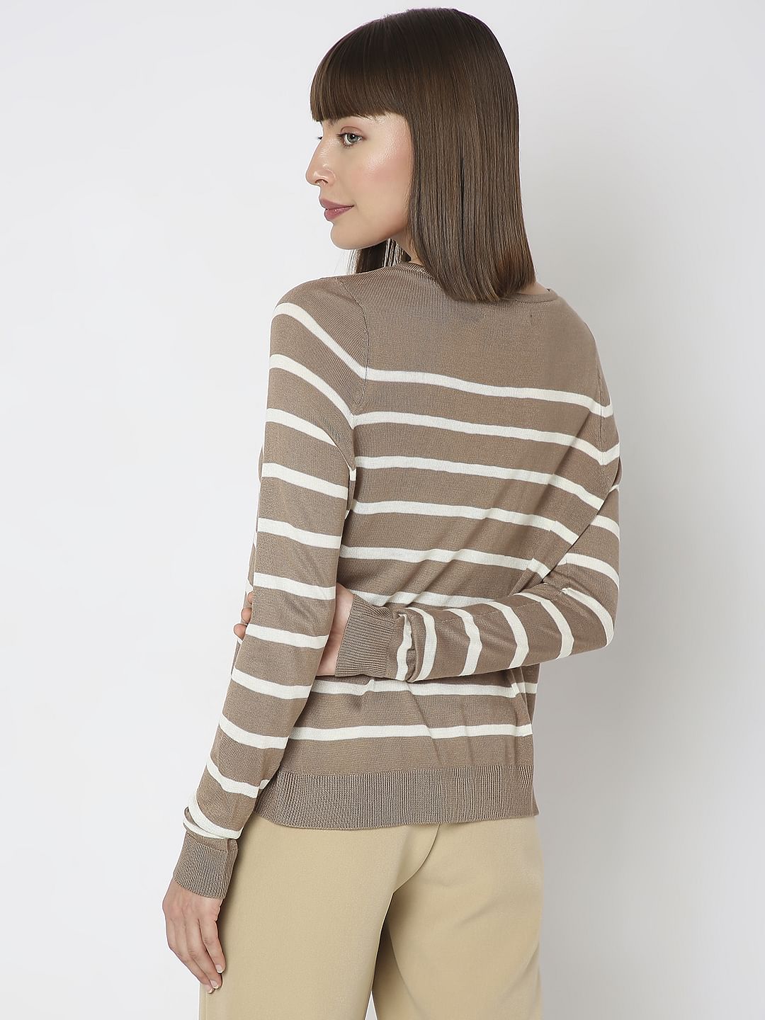 Brown Striped Flat Knit Pullover