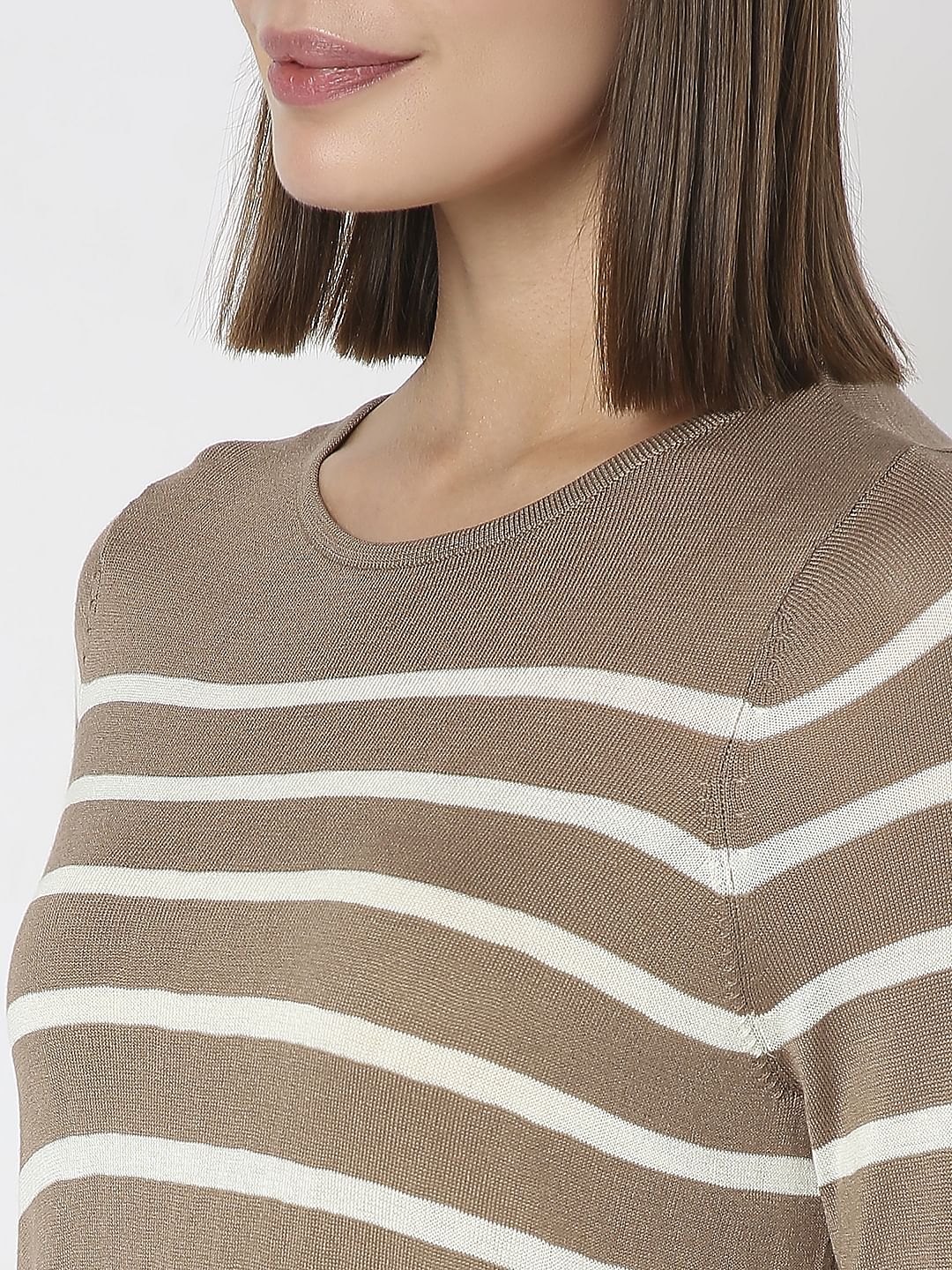 Brown Striped Flat Knit Pullover