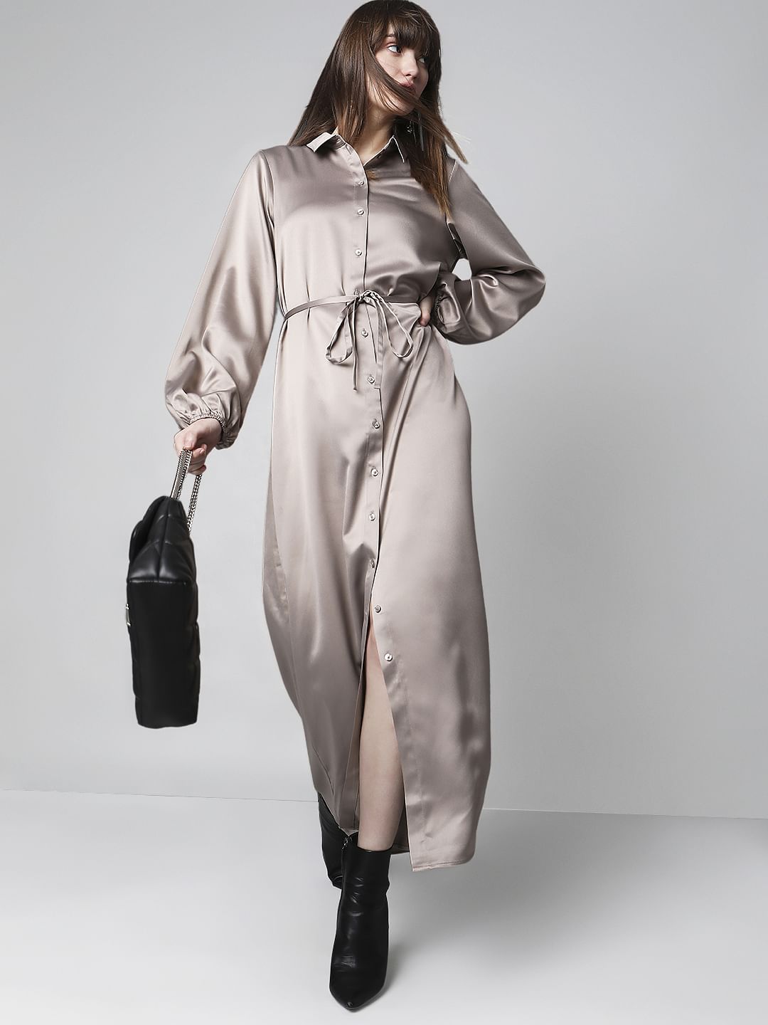Dull Champagne Satin Maxi Shirt Dress Dull Champagne Satin Maxi Shirt Dress