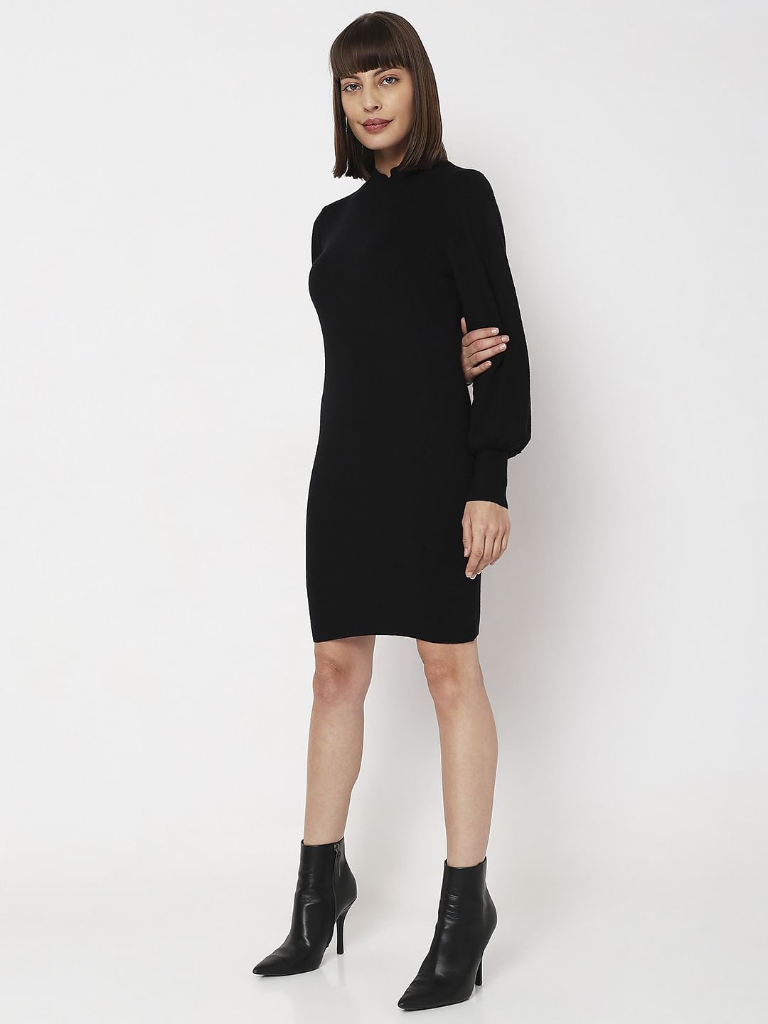 Black High Neck Bodycon Fitted Dress