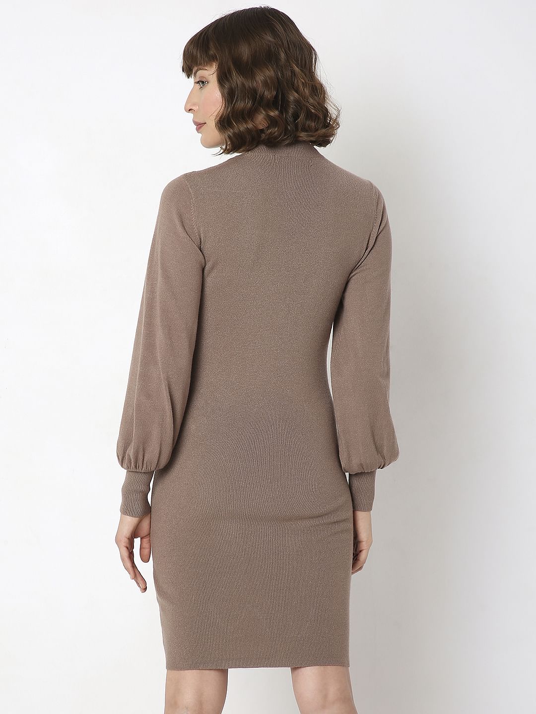 Beige High Neck Bodycon Fitted Dress