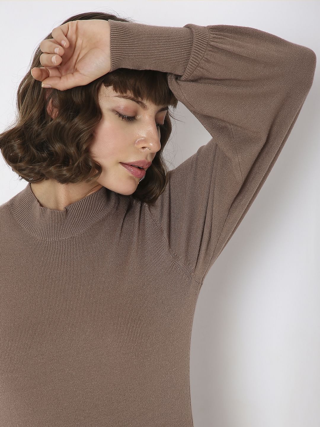 Beige High Neck Bodycon Fitted Dress