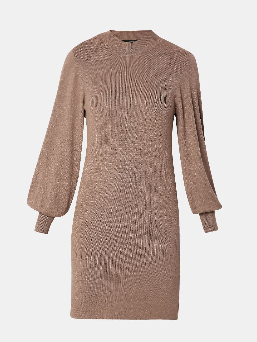 Beige High Neck Bodycon Fitted Dress