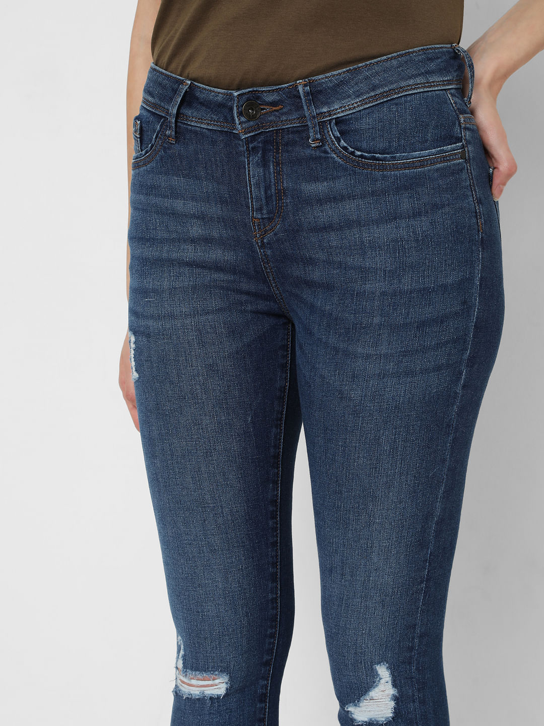 Dark Blue Mid Rise Ripped Skinny Jeans