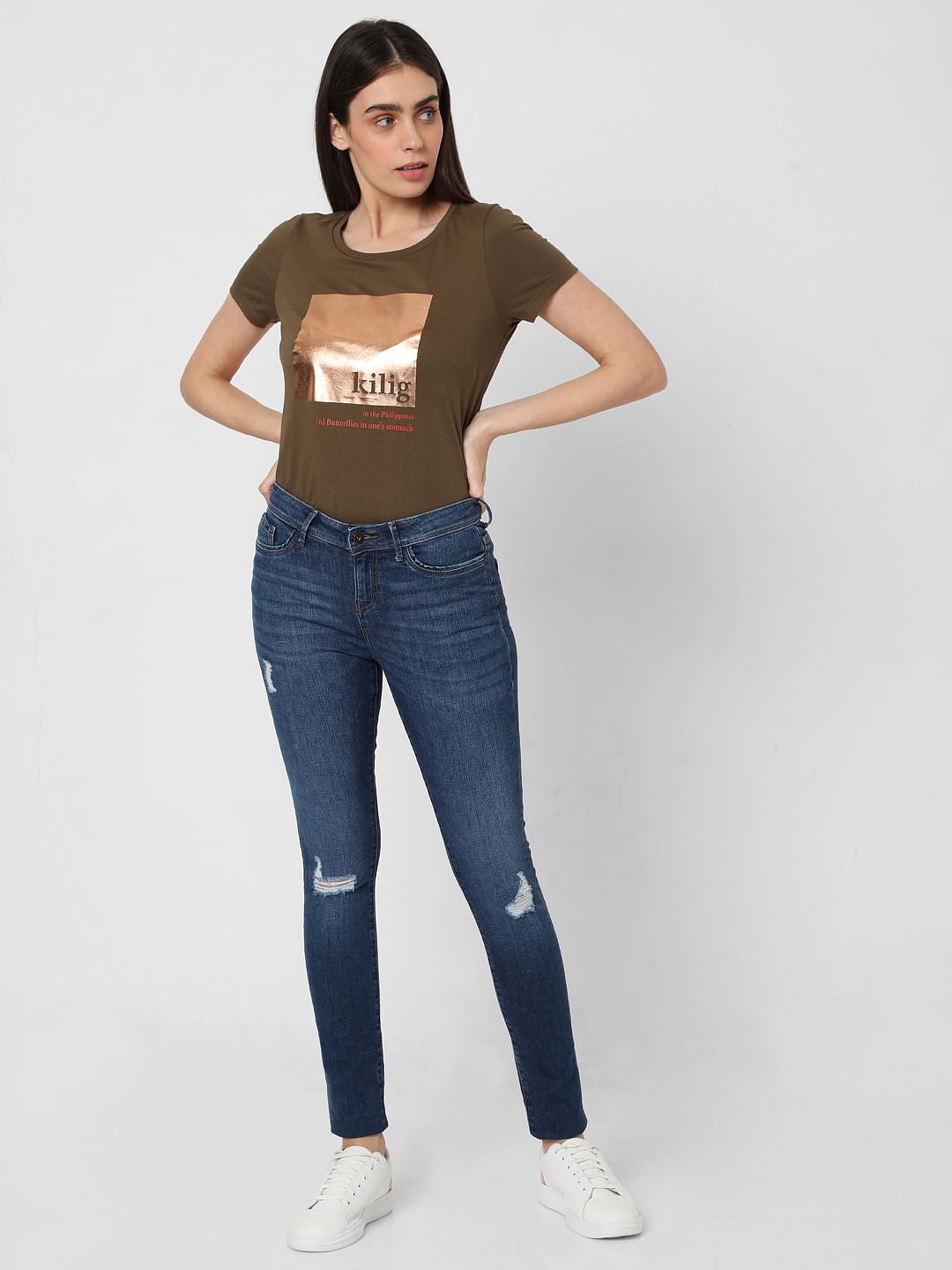 Dark Blue Mid Rise Ripped Skinny Jeans