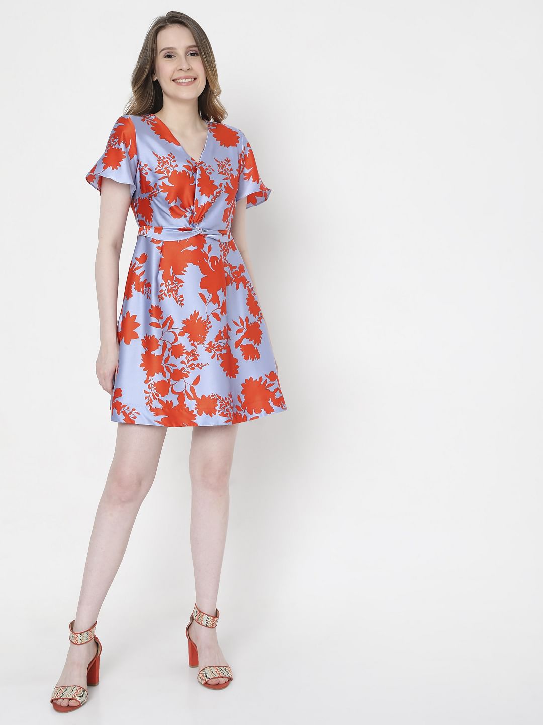 Blue Orange Floral Fit & Flare Dress