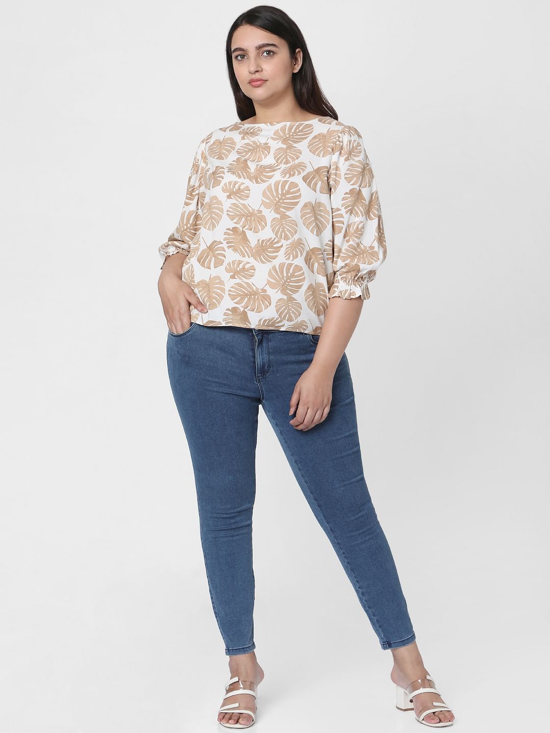 Curve Beige Tropical Leaf Print Top
