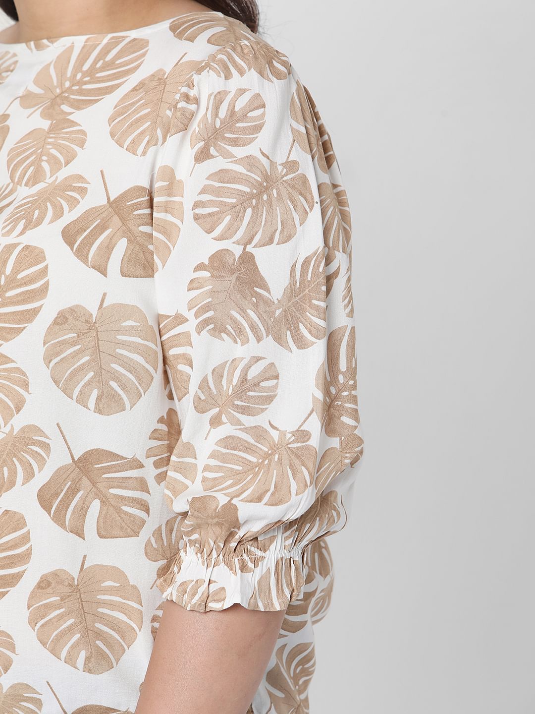 Curve Beige Tropical Leaf Print Top