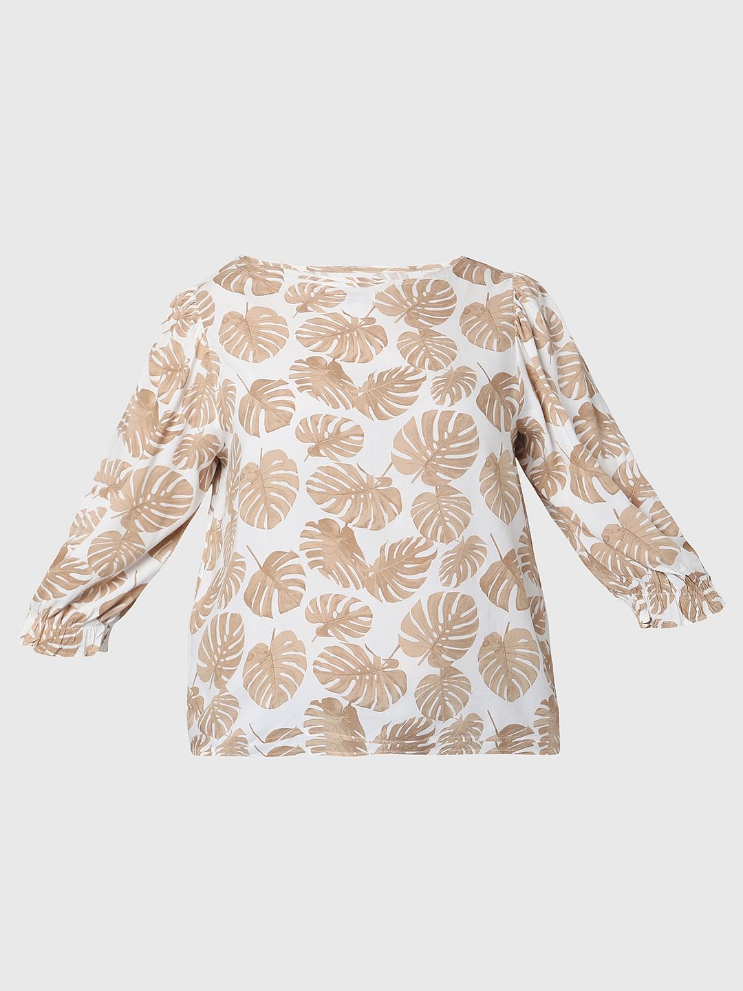 Curve Beige Tropical Leaf Print Top