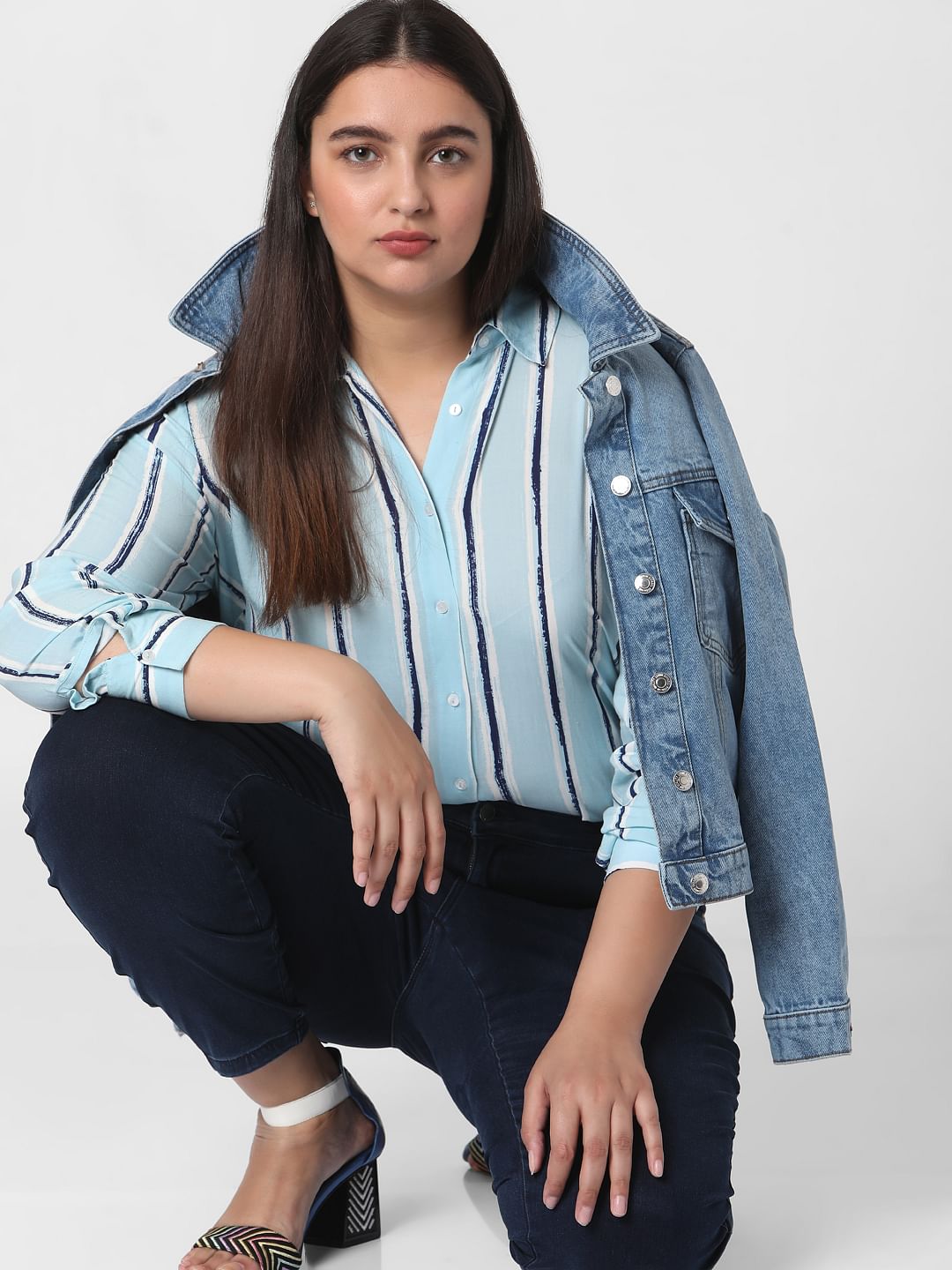 Curve Light Blue Striped Tunic Shirt