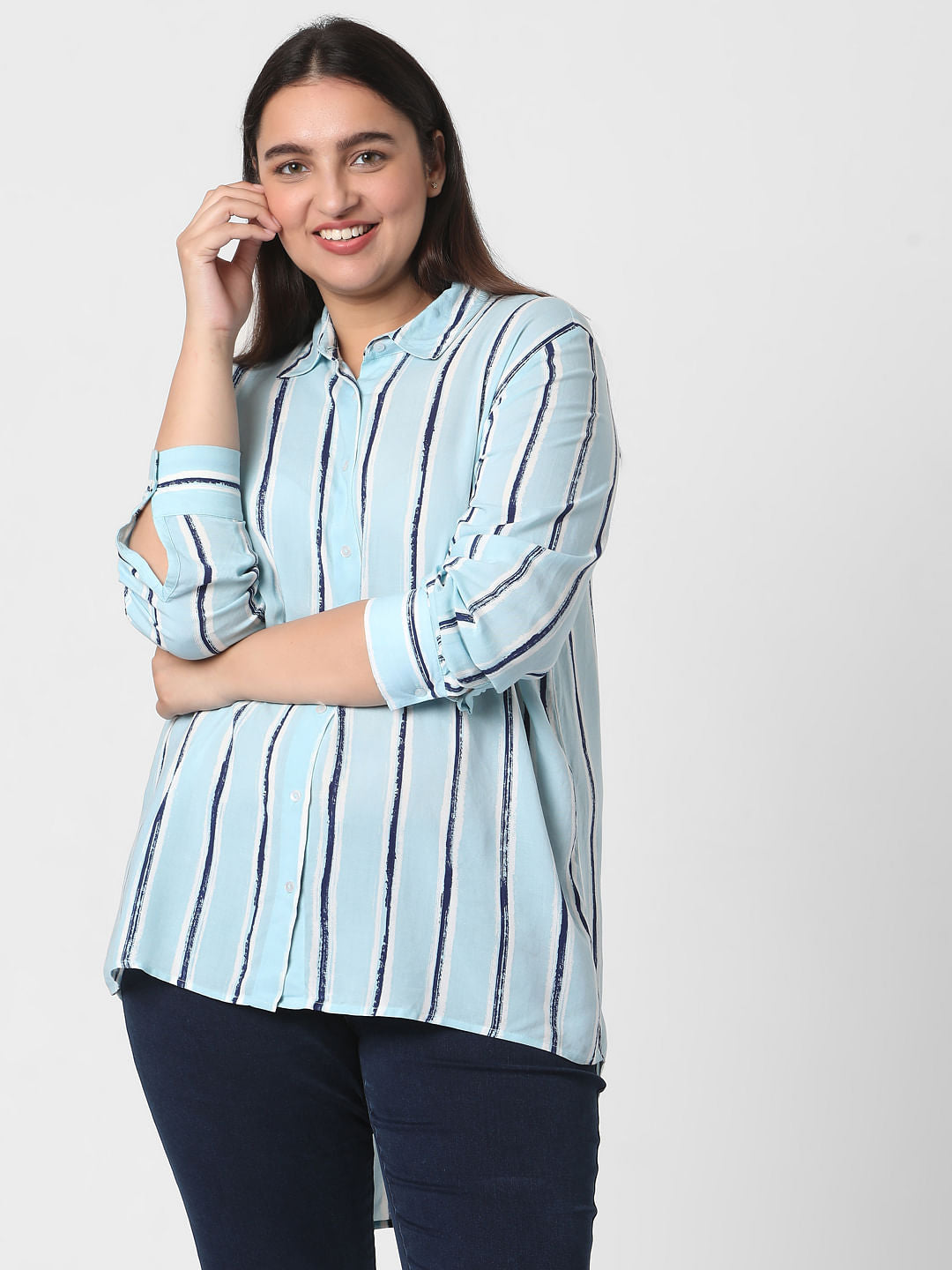 Curve Light Blue Striped Tunic Shirt