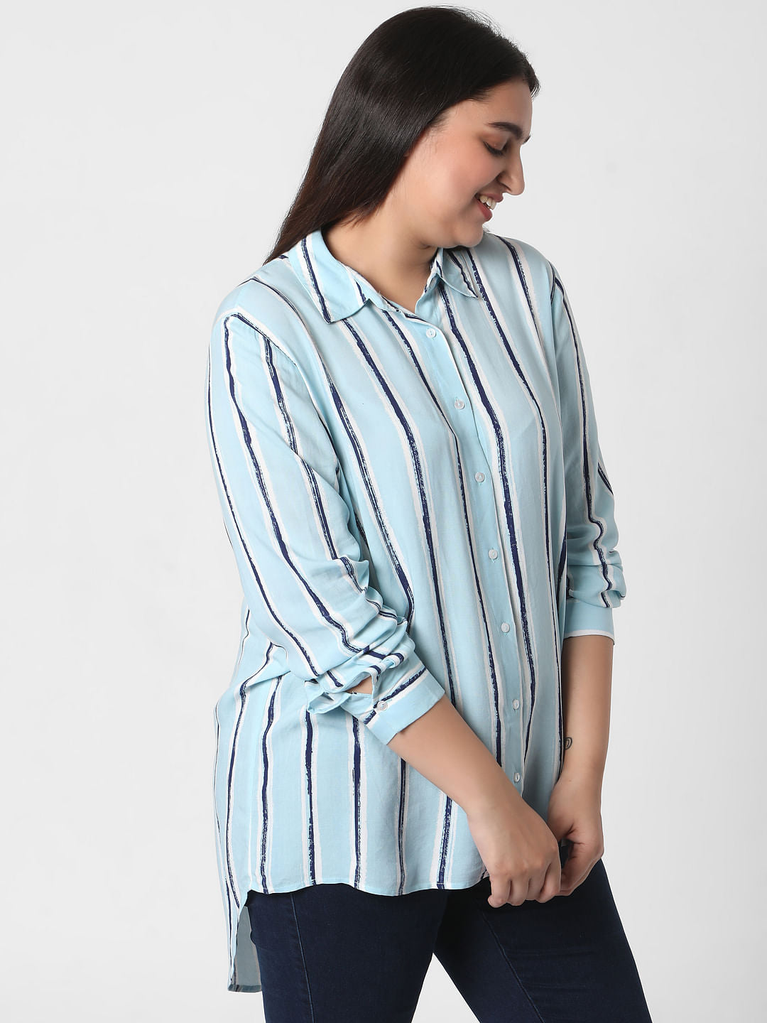 Curve Light Blue Striped Tunic Shirt