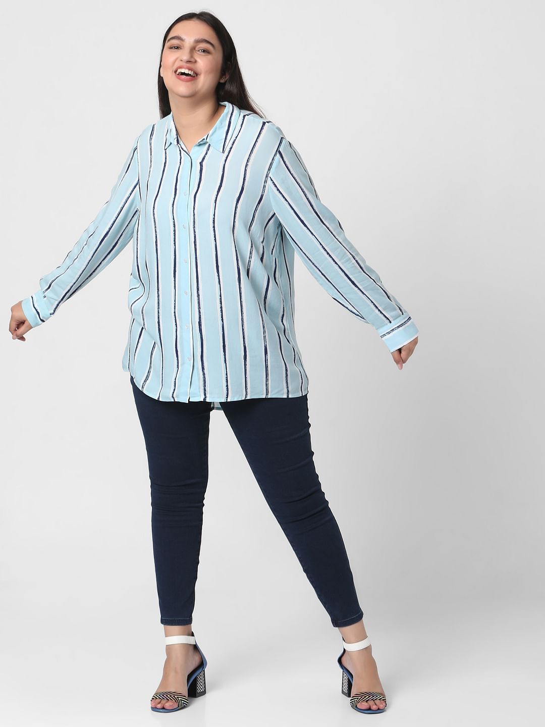Curve Light Blue Striped Tunic Shirt