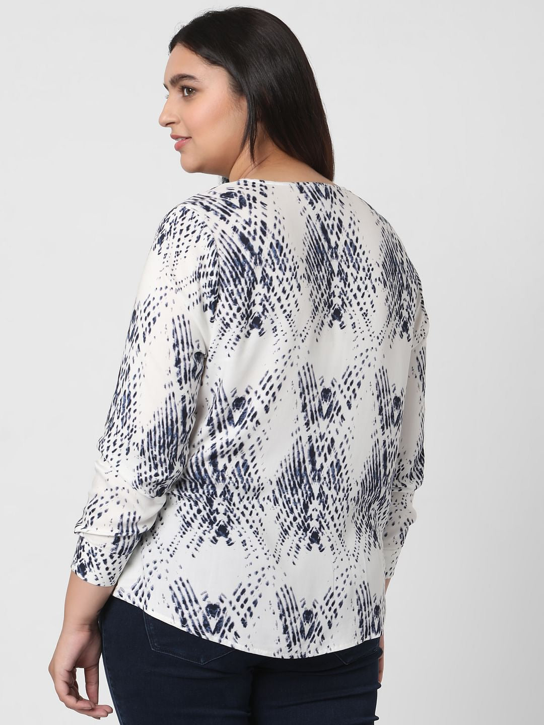 Curve White Abstract Print Top