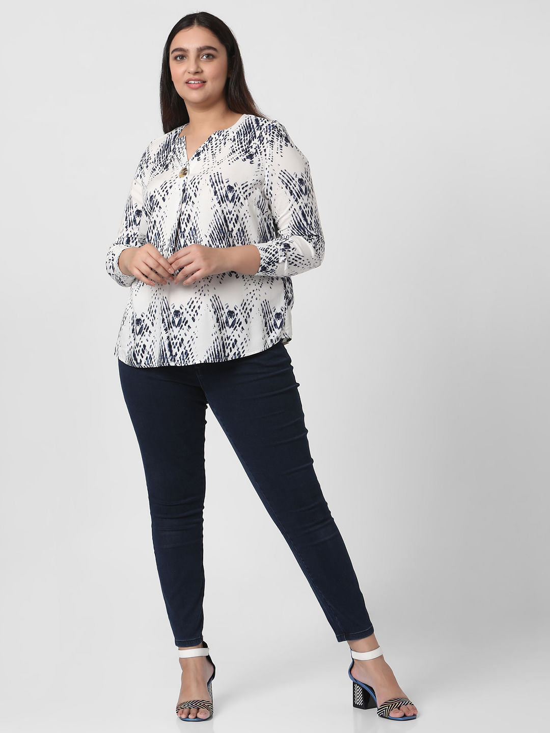 Curve White Abstract Print Top