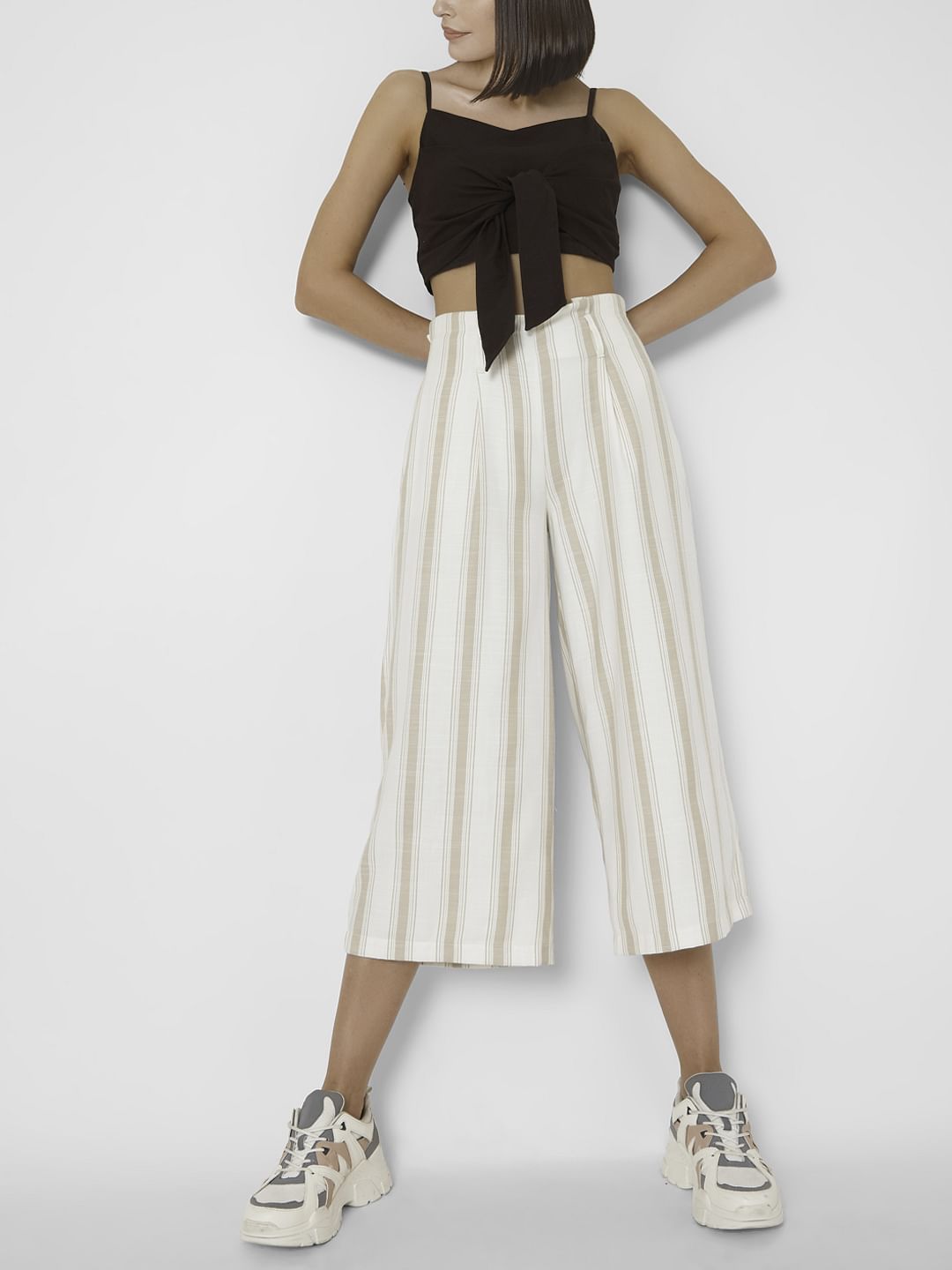 Beige Mid Rise Striped Culottes