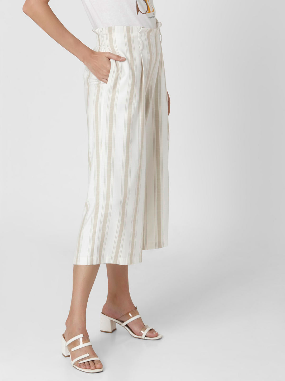 Beige Mid Rise Striped Culottes
