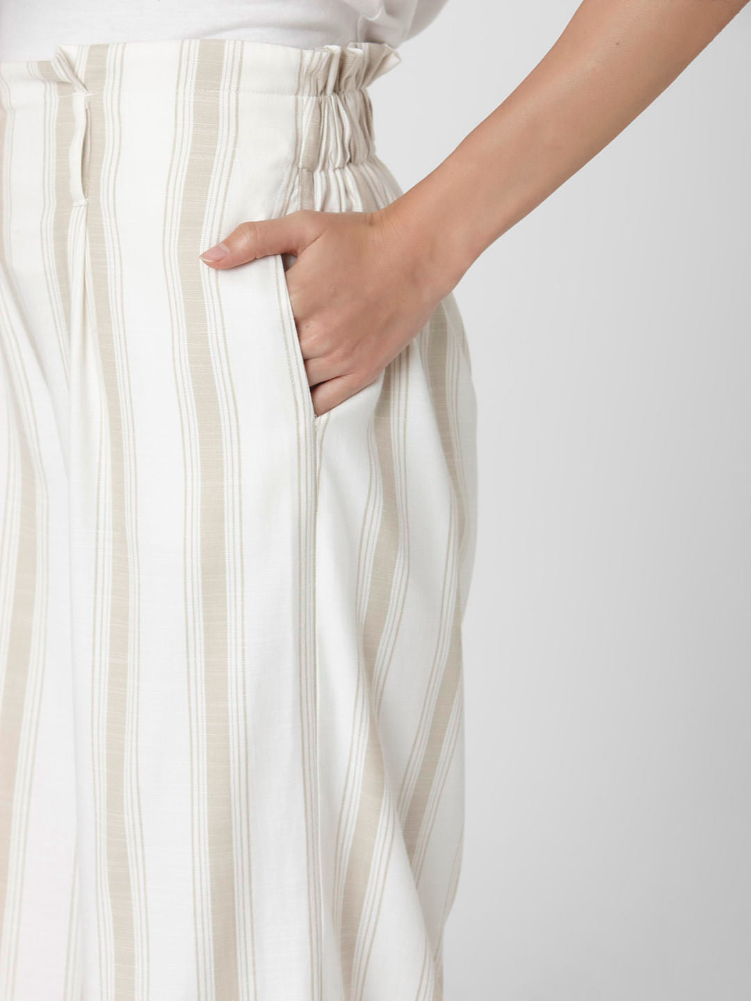 Beige Mid Rise Striped Culottes