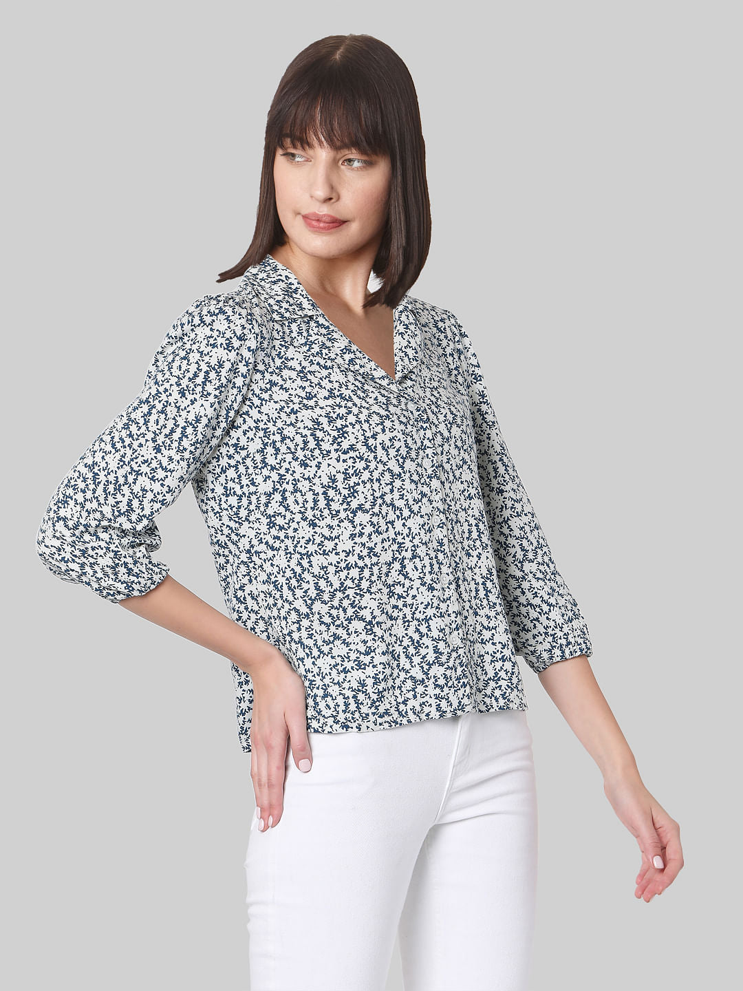 Blue Floral Print Cuban Collar Shirt