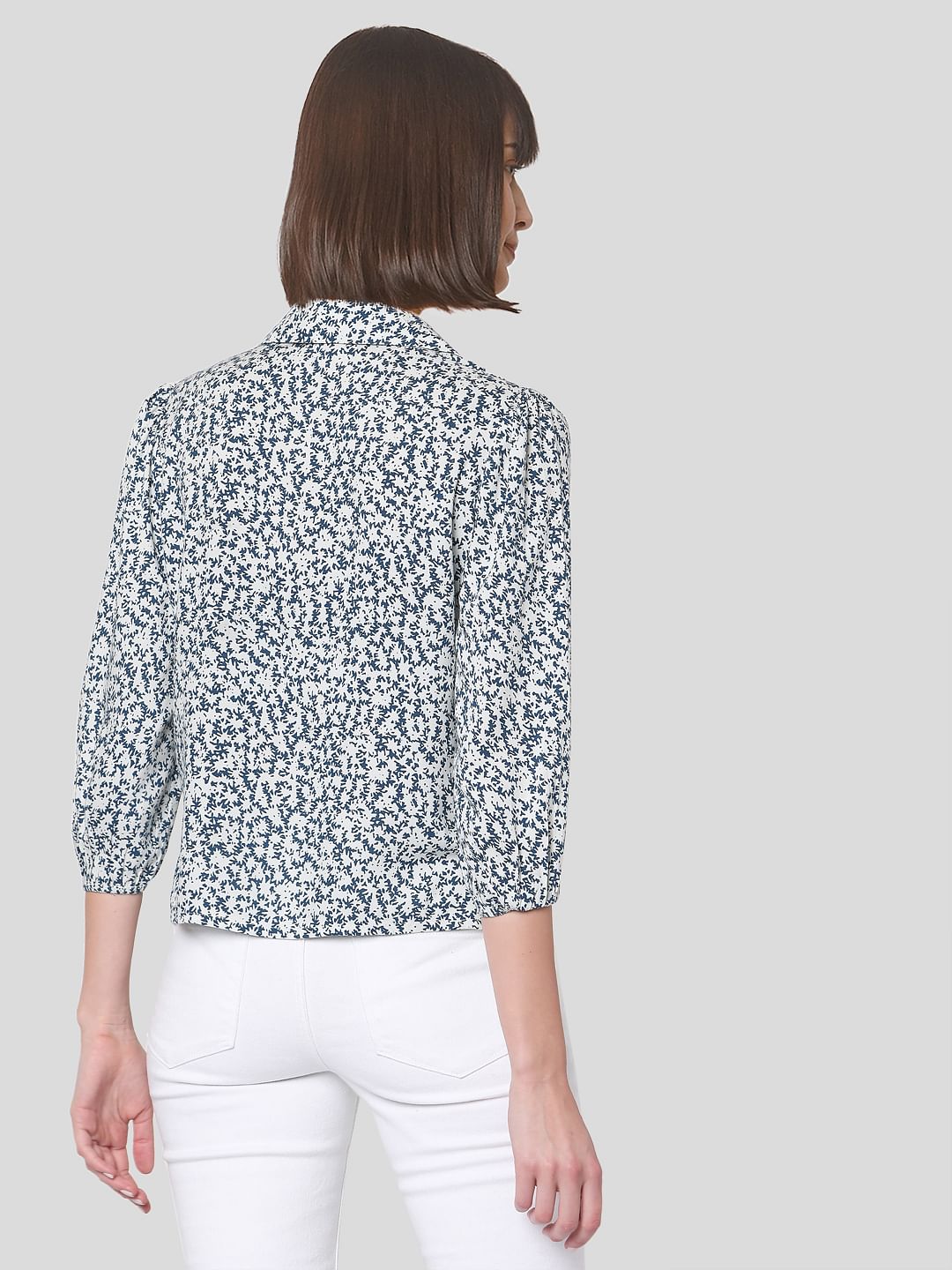 Blue Floral Print Cuban Collar Shirt