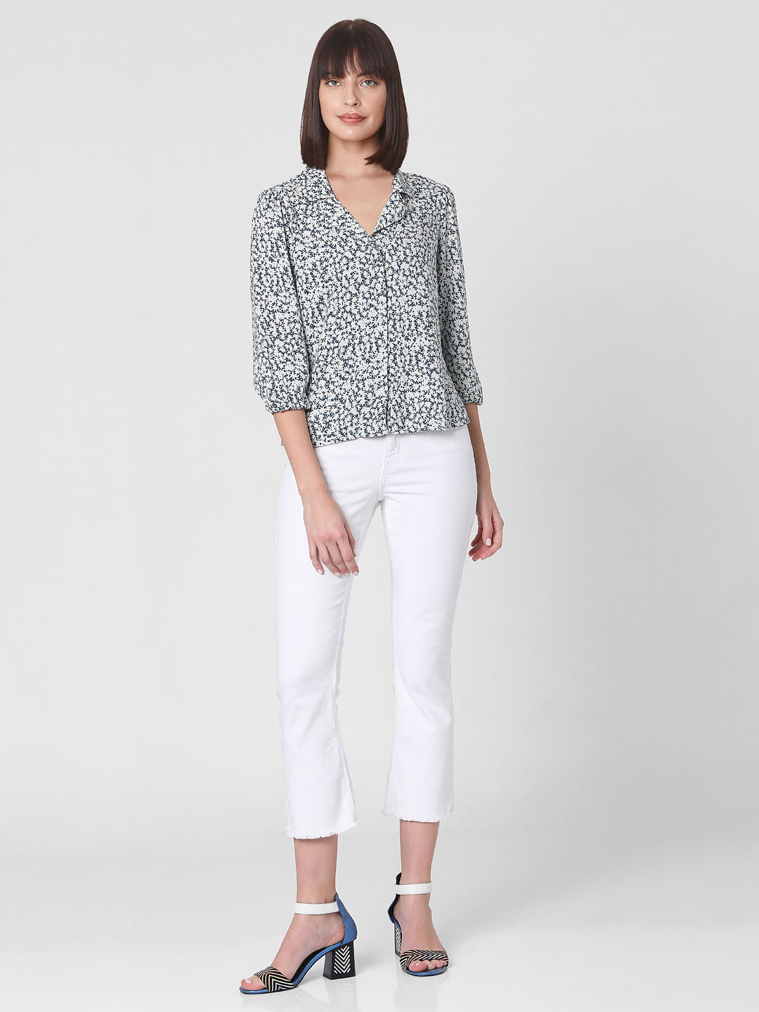 Blue Floral Print Cuban Collar Shirt