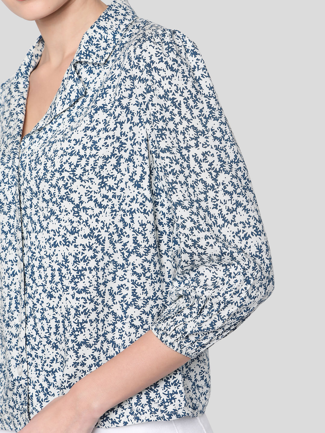 Blue Floral Print Cuban Collar Shirt