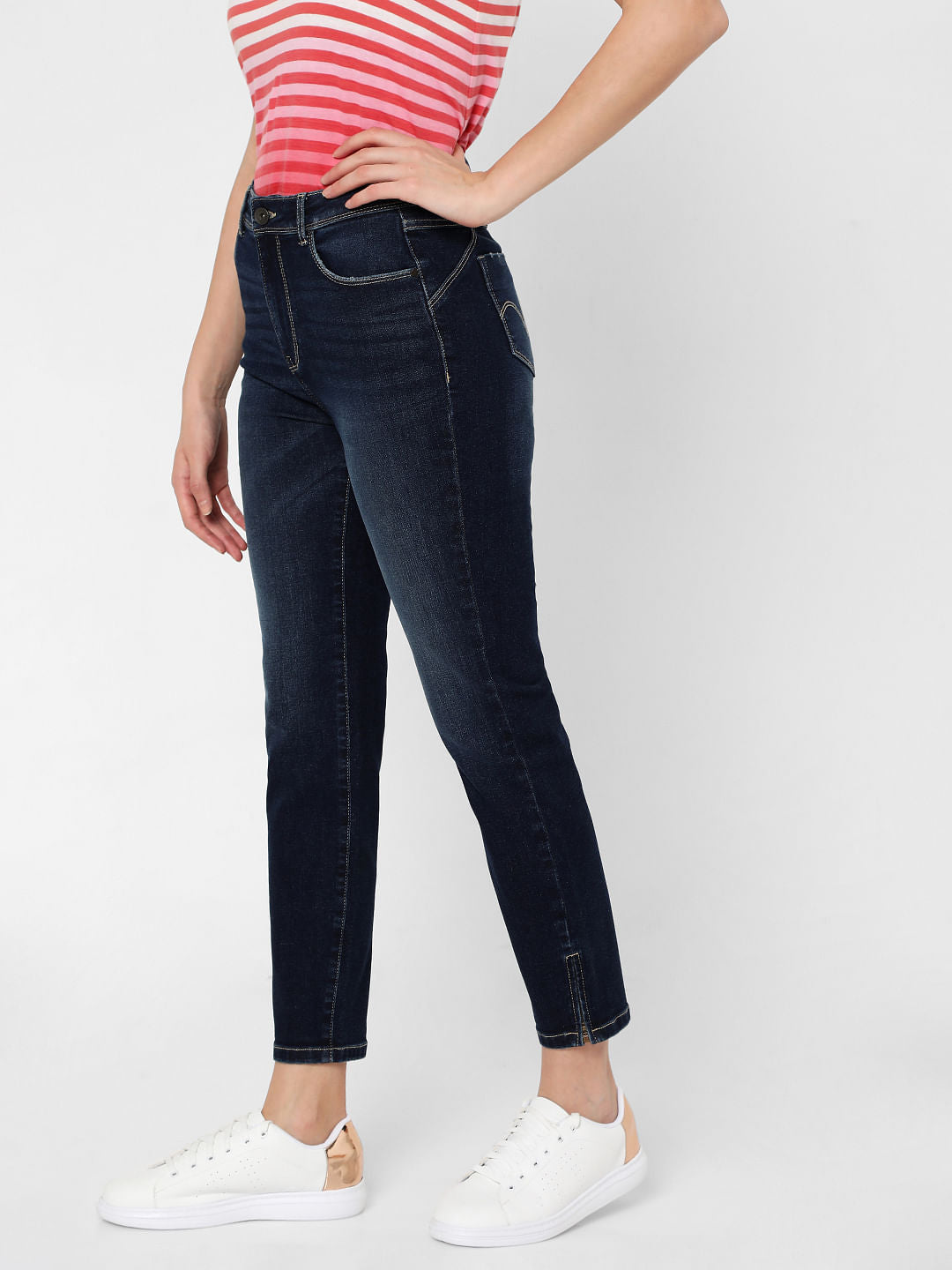 Blue High Rise Ankle Zipper Slim Jeans