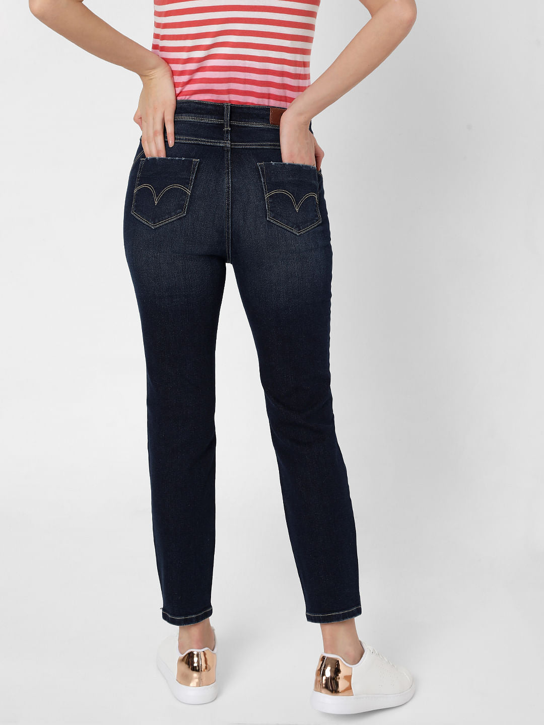 Blue High Rise Ankle Zipper Slim Jeans