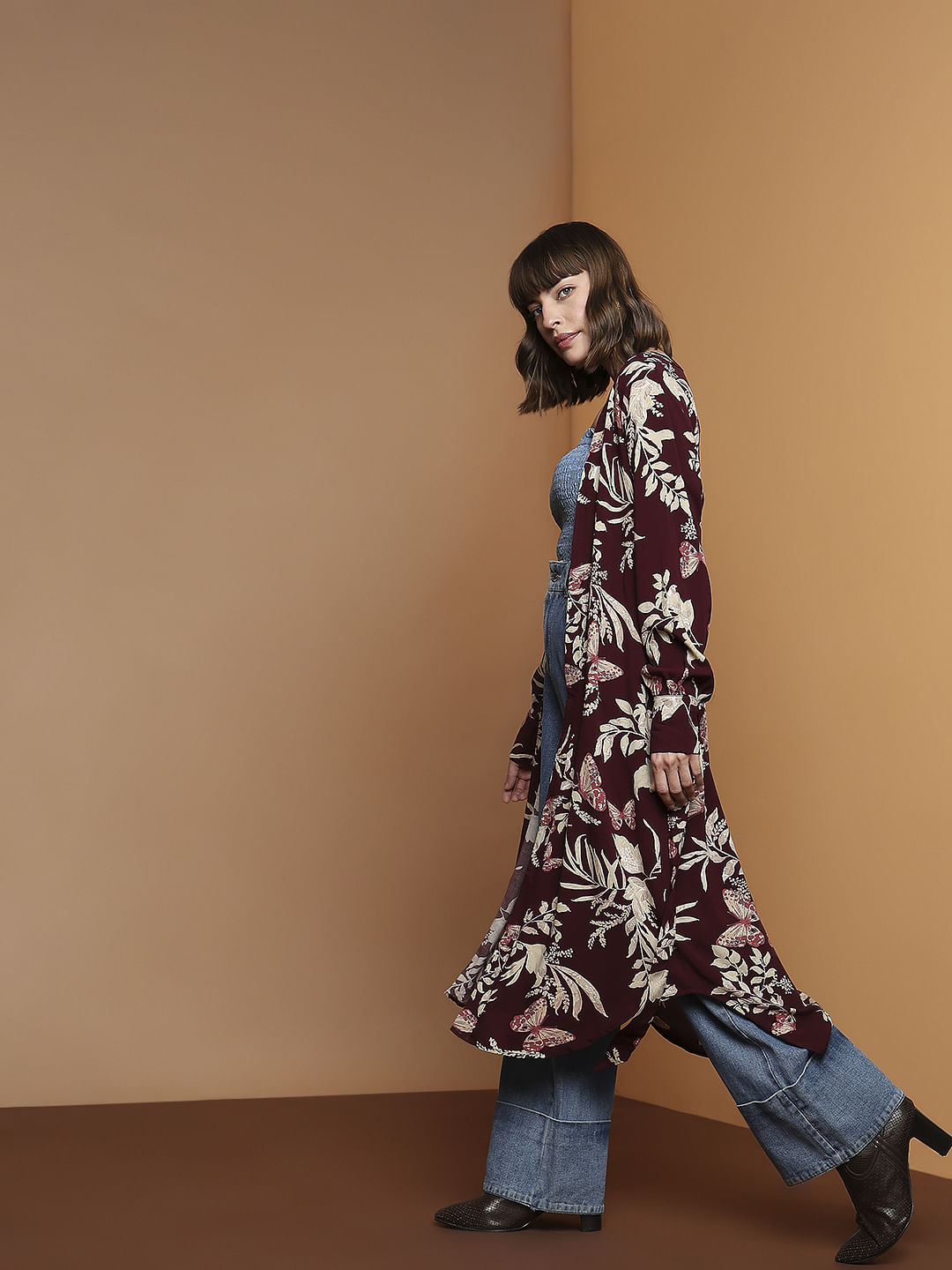 Maroon Floral Print Kimono