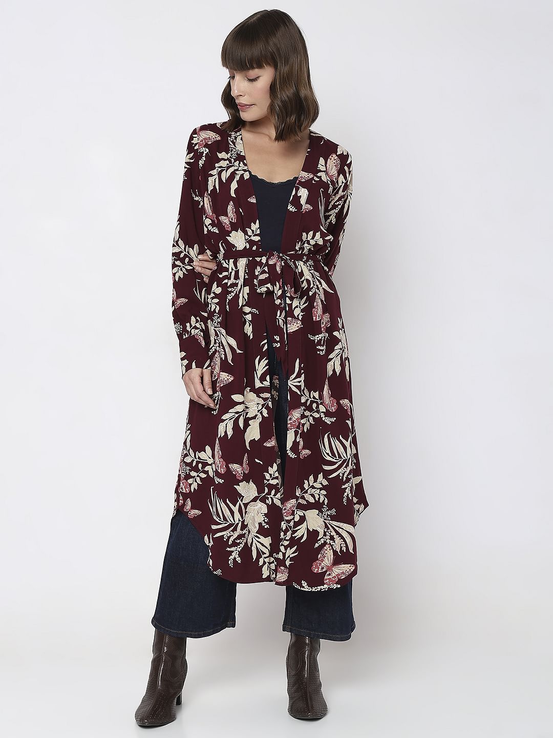 Maroon Floral Print Kimono