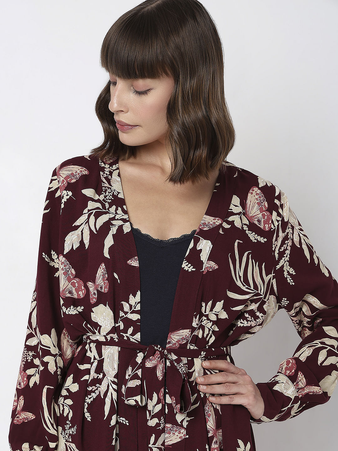 Maroon Floral Print Kimono