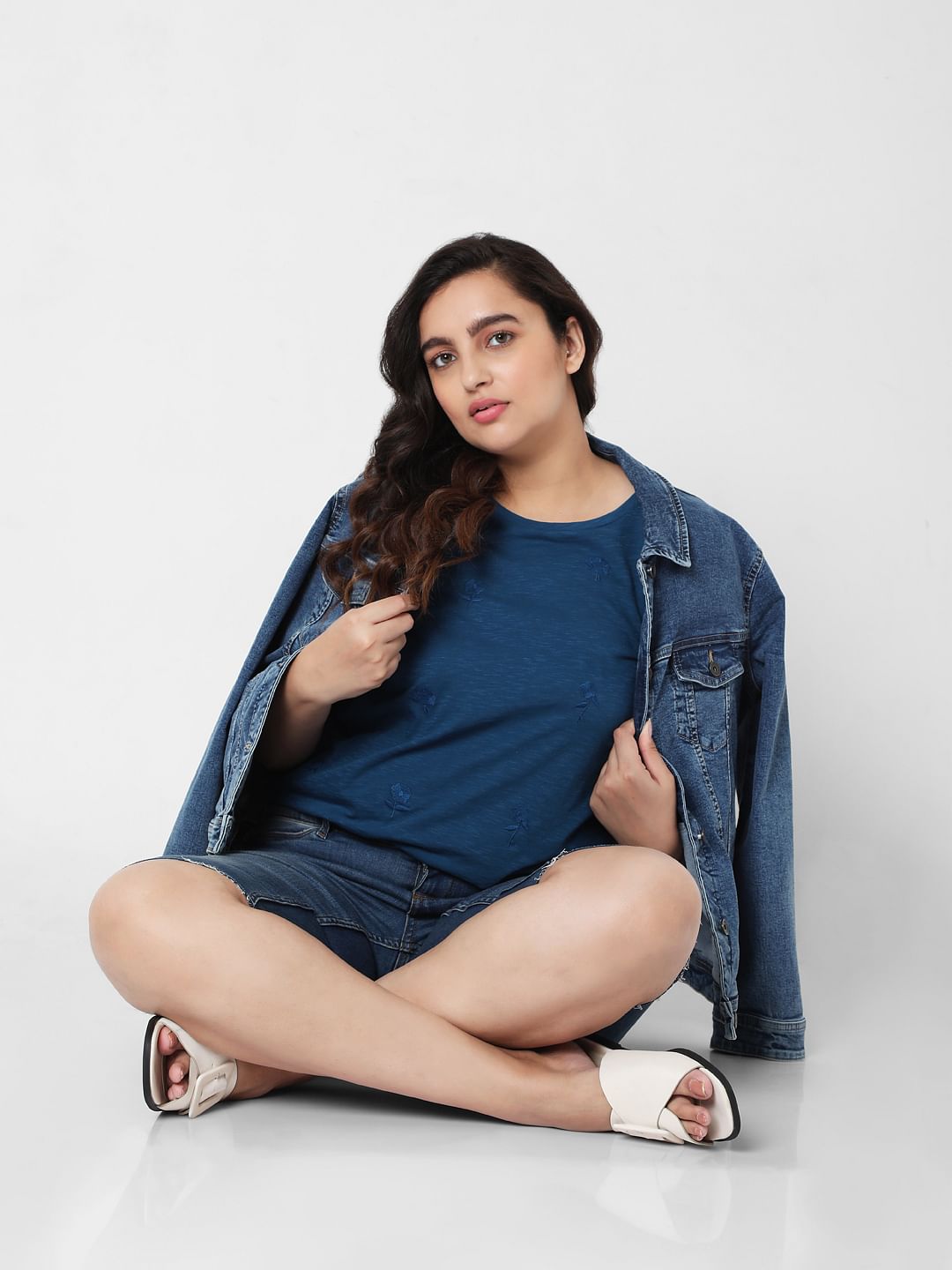Curve Blue Embroidered Top