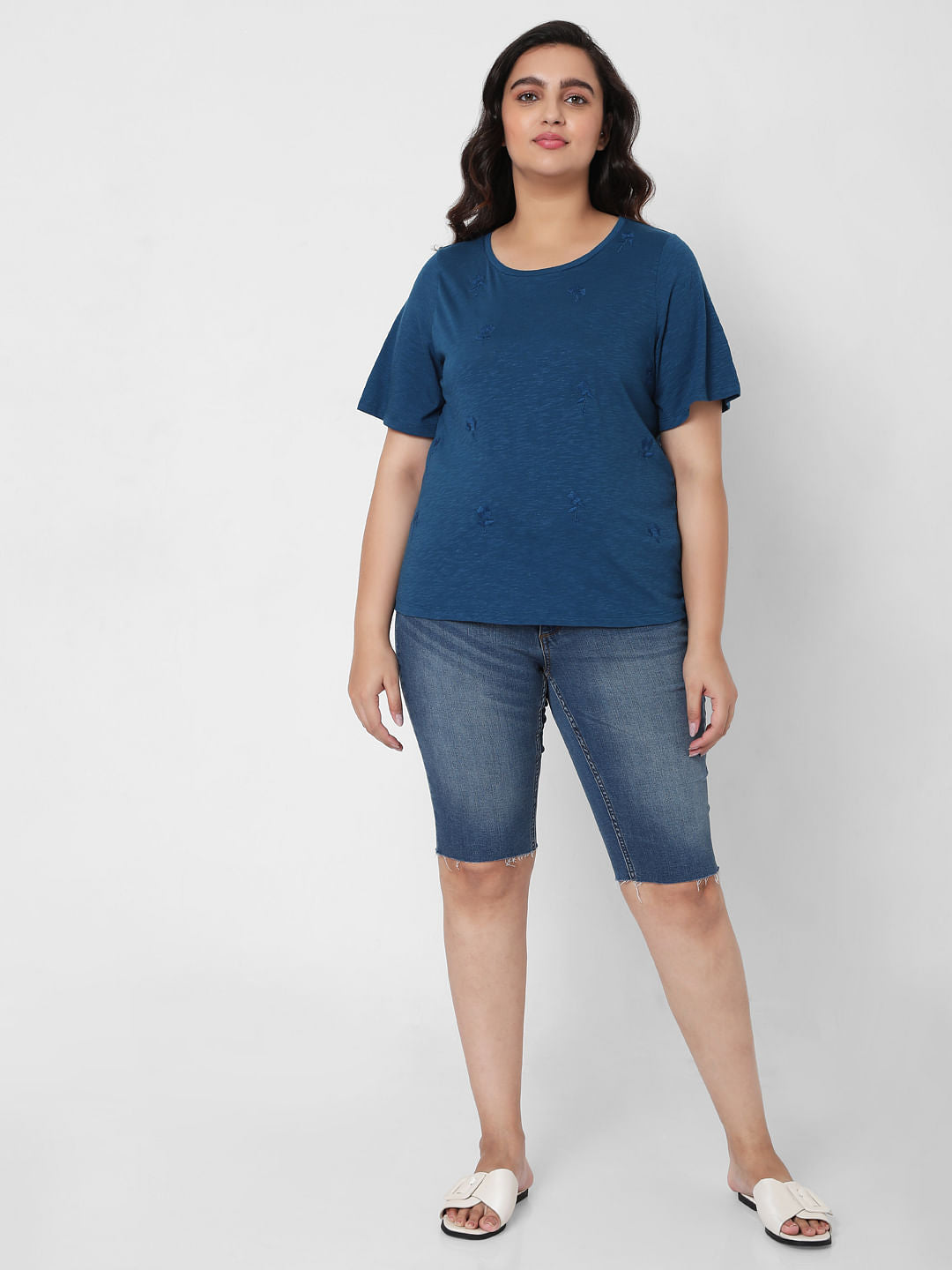 Curve Blue Embroidered Top