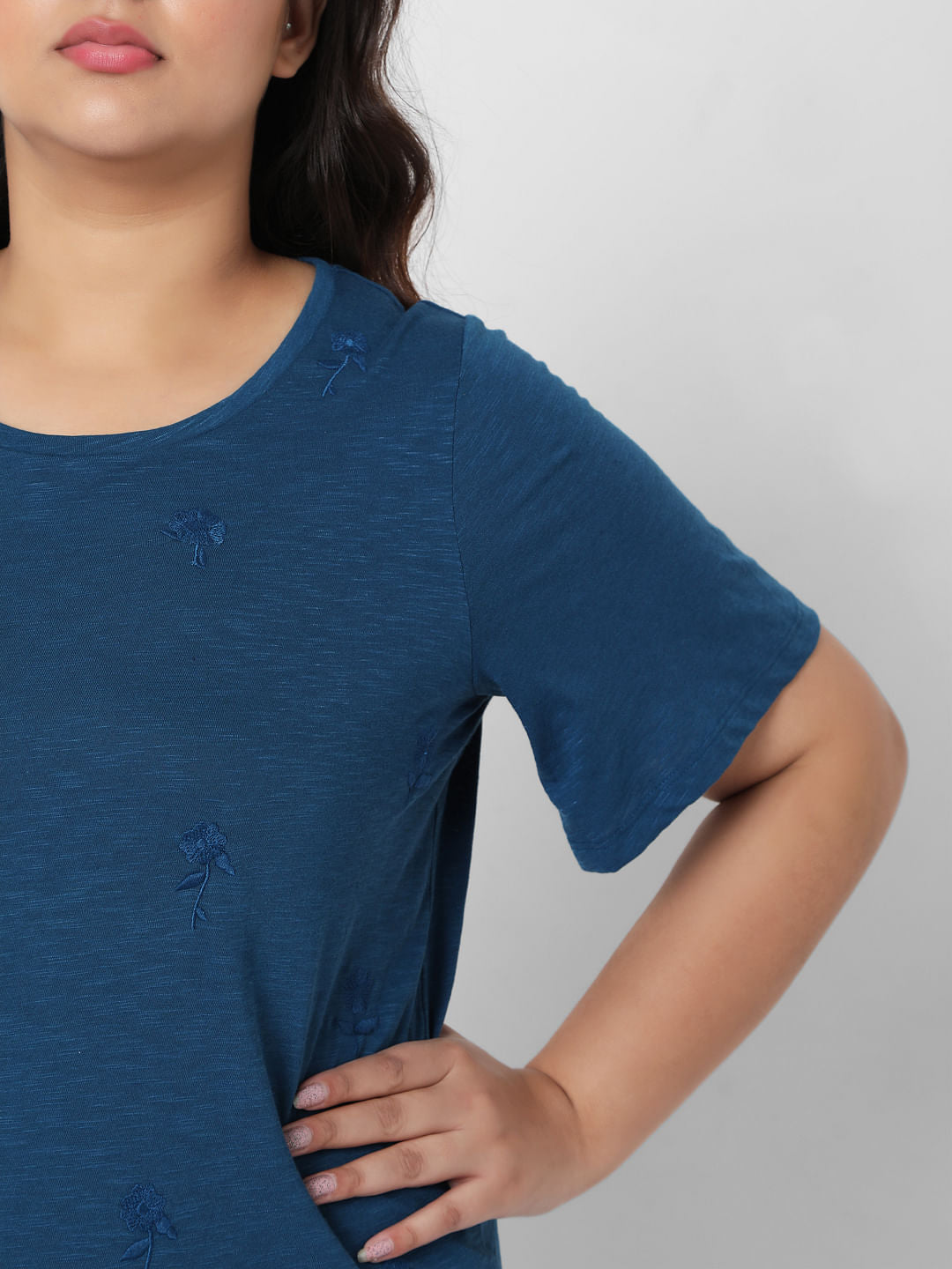 Curve Blue Embroidered Top