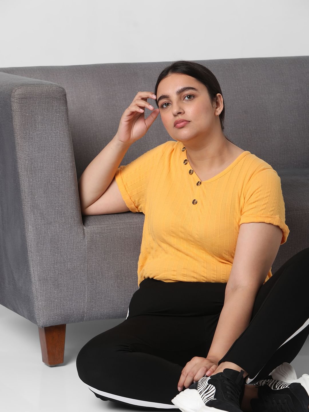Curve Yellow Ribbed Henley Neck T-Shirt