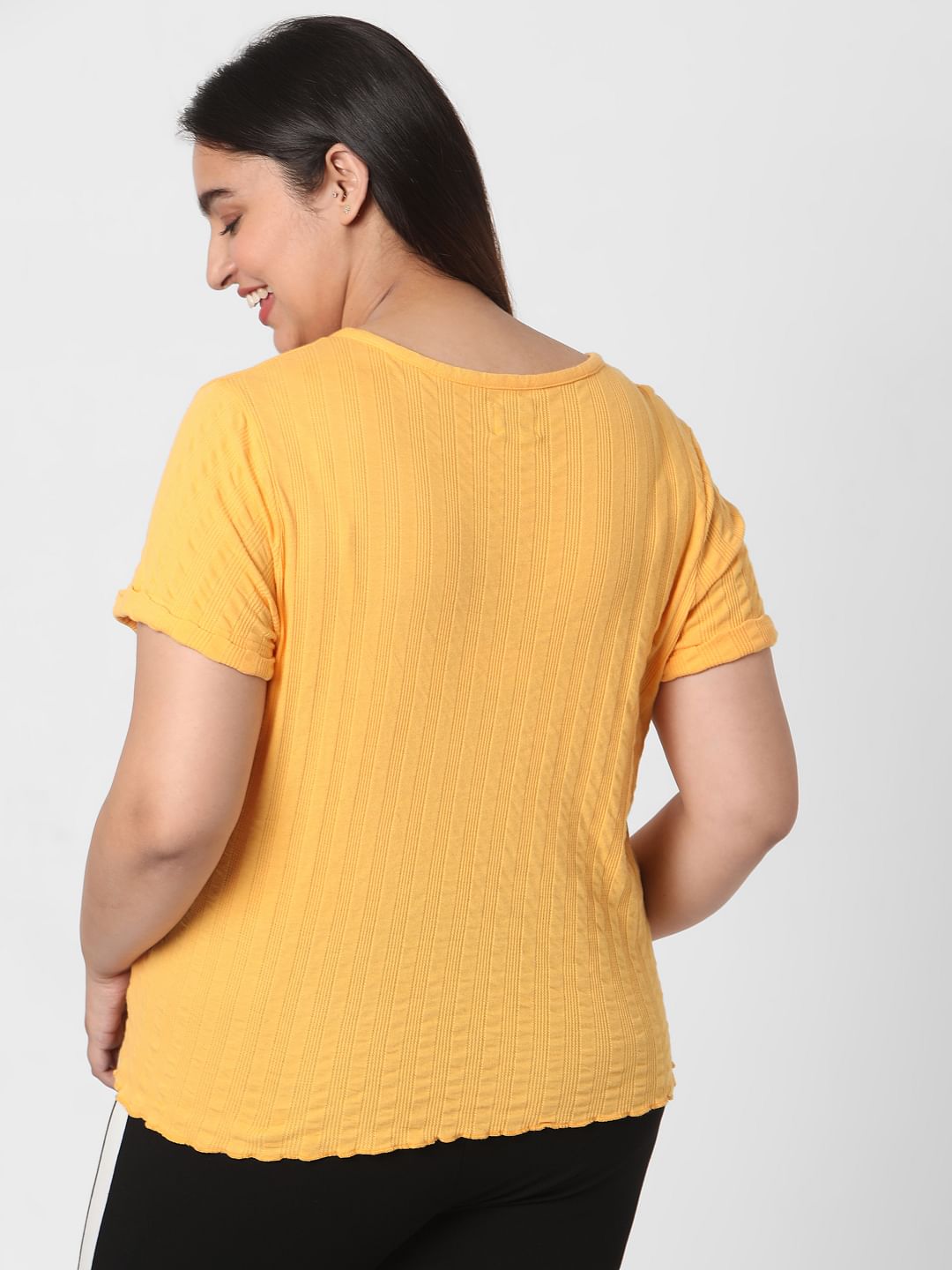 Curve Yellow Ribbed Henley Neck T-Shirt