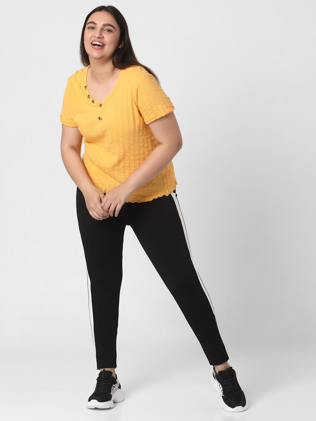 Curve Yellow Ribbed Henley Neck T-Shirt